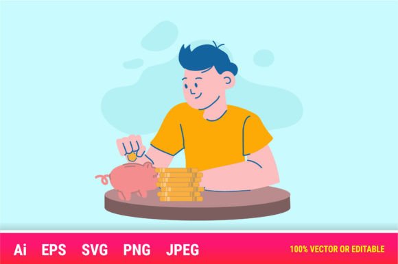 Human Save Money Cartoon Illustration